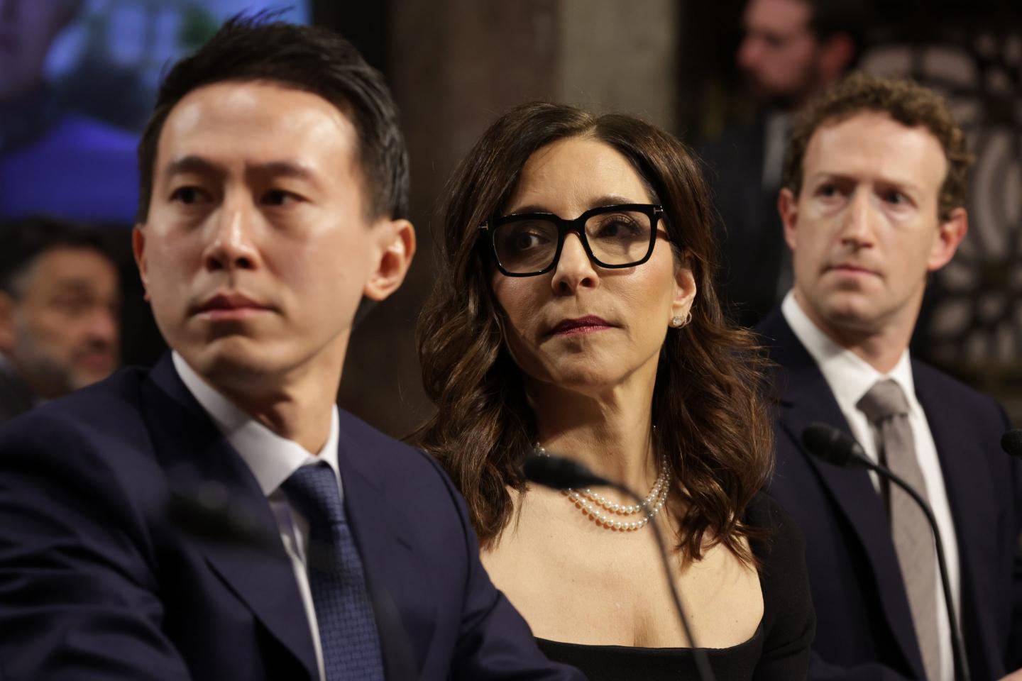 From left: TikTok CEO Shou Chew, X CEO Linda Yaccarino and Meta CEO Mark Zuckerberg.