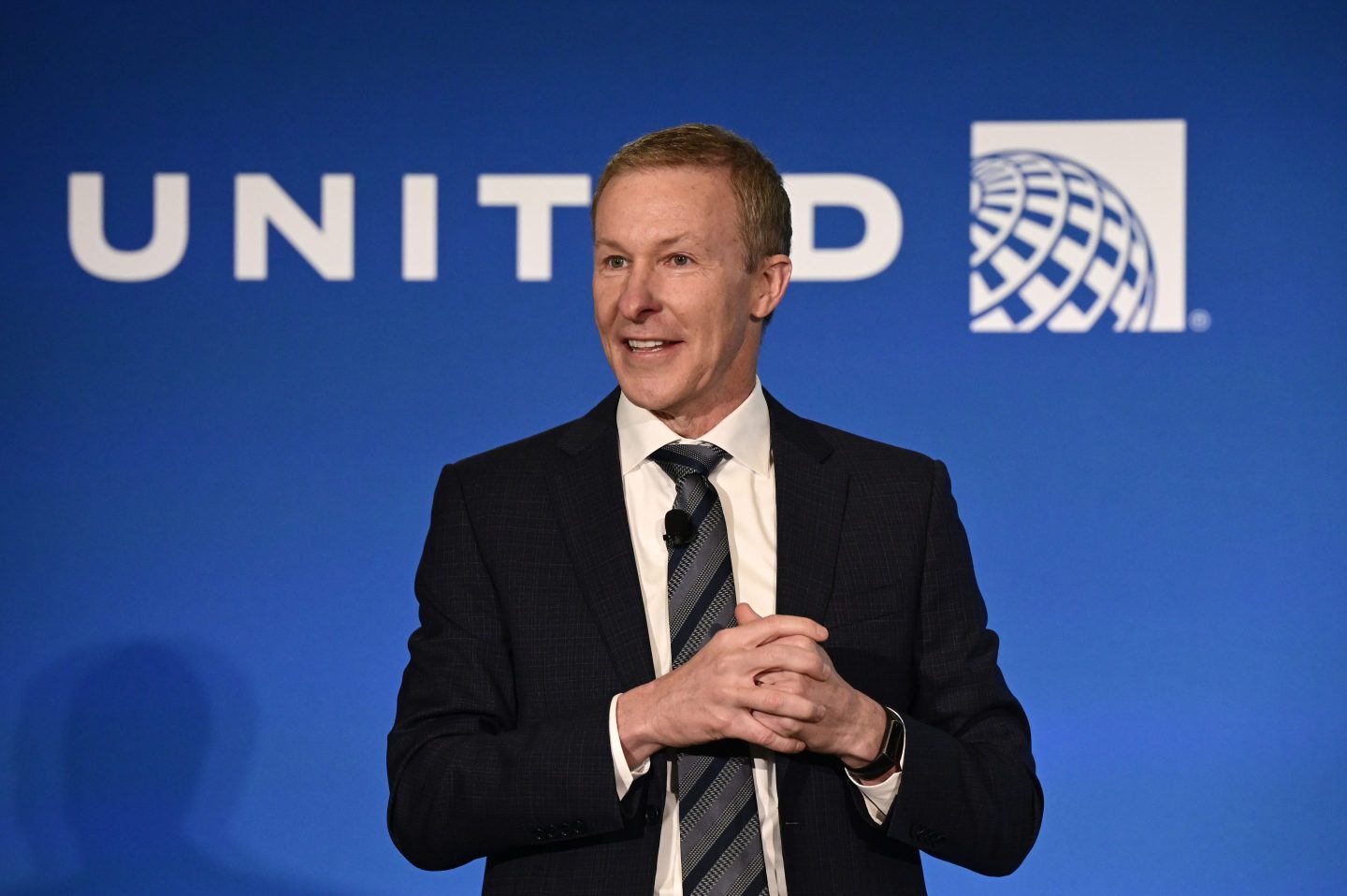United's CEO Scott Kirby celebrates the opening of a new addition to its Flight Training Center in Denver, Colorado on Feb. 22, 2024.