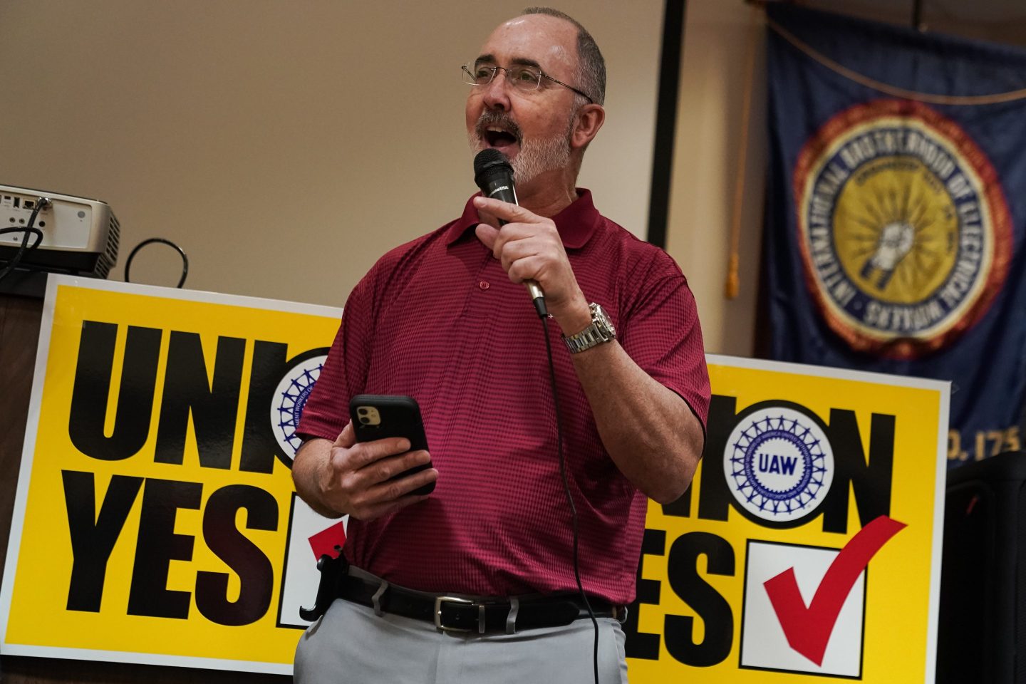 United Auto Workers (UAW) President Shawn Fain speaks at a UAW vote watch party on April 19, 2024 in Chattanooga.