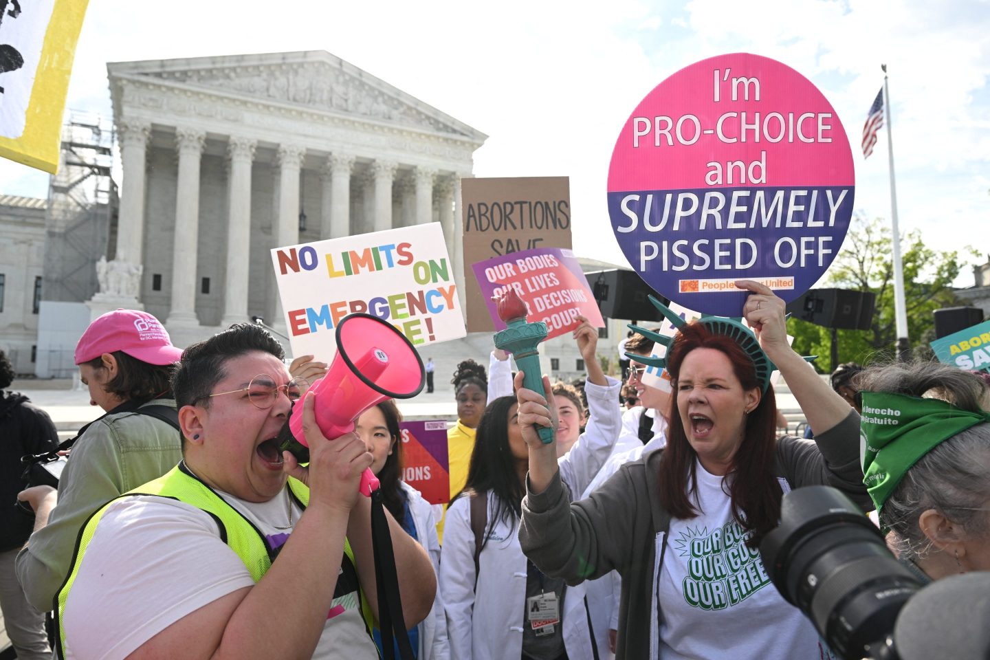Pro-abortion activists rally for "reproductive rights and emergency abortion care," outside the US Supreme Court as it hears arguments in the Moyle v. United States case, in Washington, DC, on April 24, 2024.