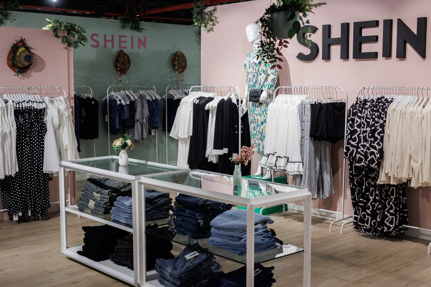 Merchandise on display during the opening of Shein’s pop-up store in Madrid.