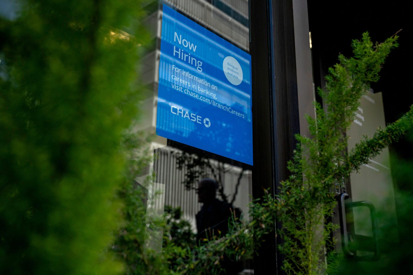 "Now hiring" sign on Chase bank