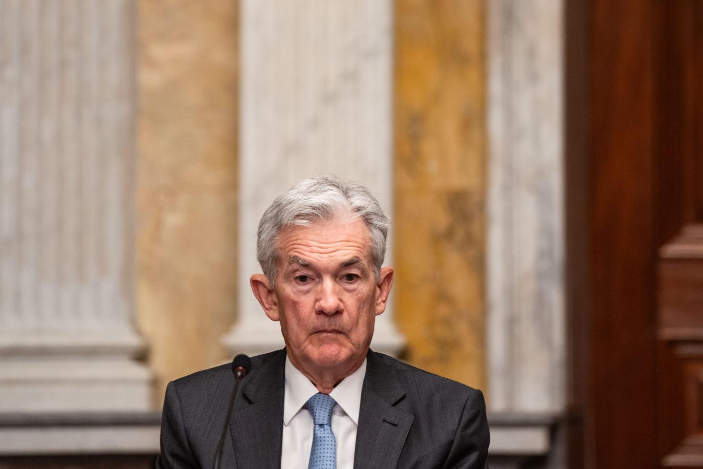 Fed Chair Jerome Powell frowns