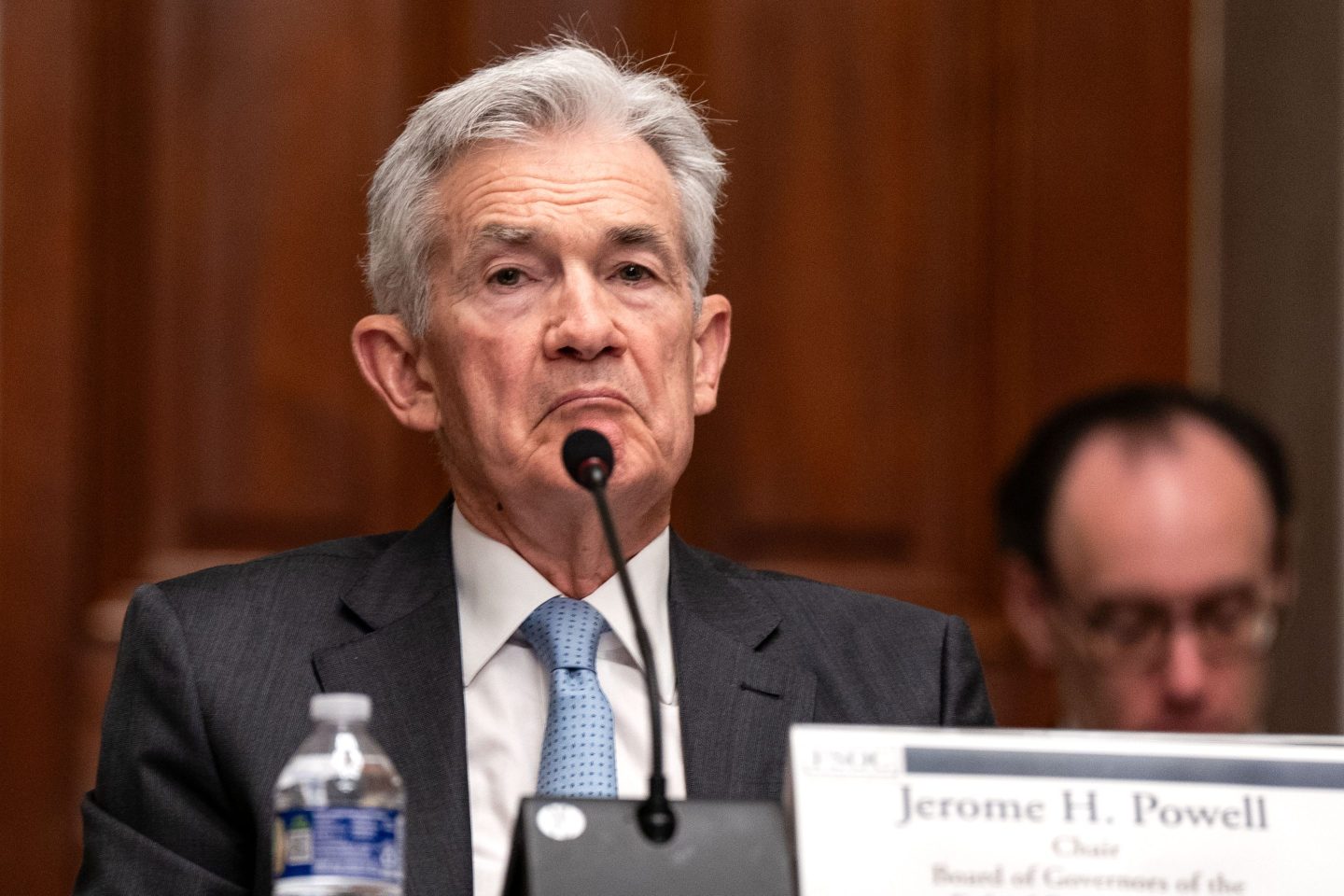 WASHINGTON, DC - MAY 10: Federal Reserve Chair Jerome Powell  listens as U.S. Secretary of the Treasury Janet Yellen presides over a meeting of the Financial Stability Oversight Council at the Treasury Department on May 10, 2024 in Washington, DC. The council received an update from the Financial Market Utilities Committee and an update on market developments related to corporate credit, as well as a presentation and to vote on a report on nonbank mortgage servicing. (Photo by Kent Nishimura/Getty Images)