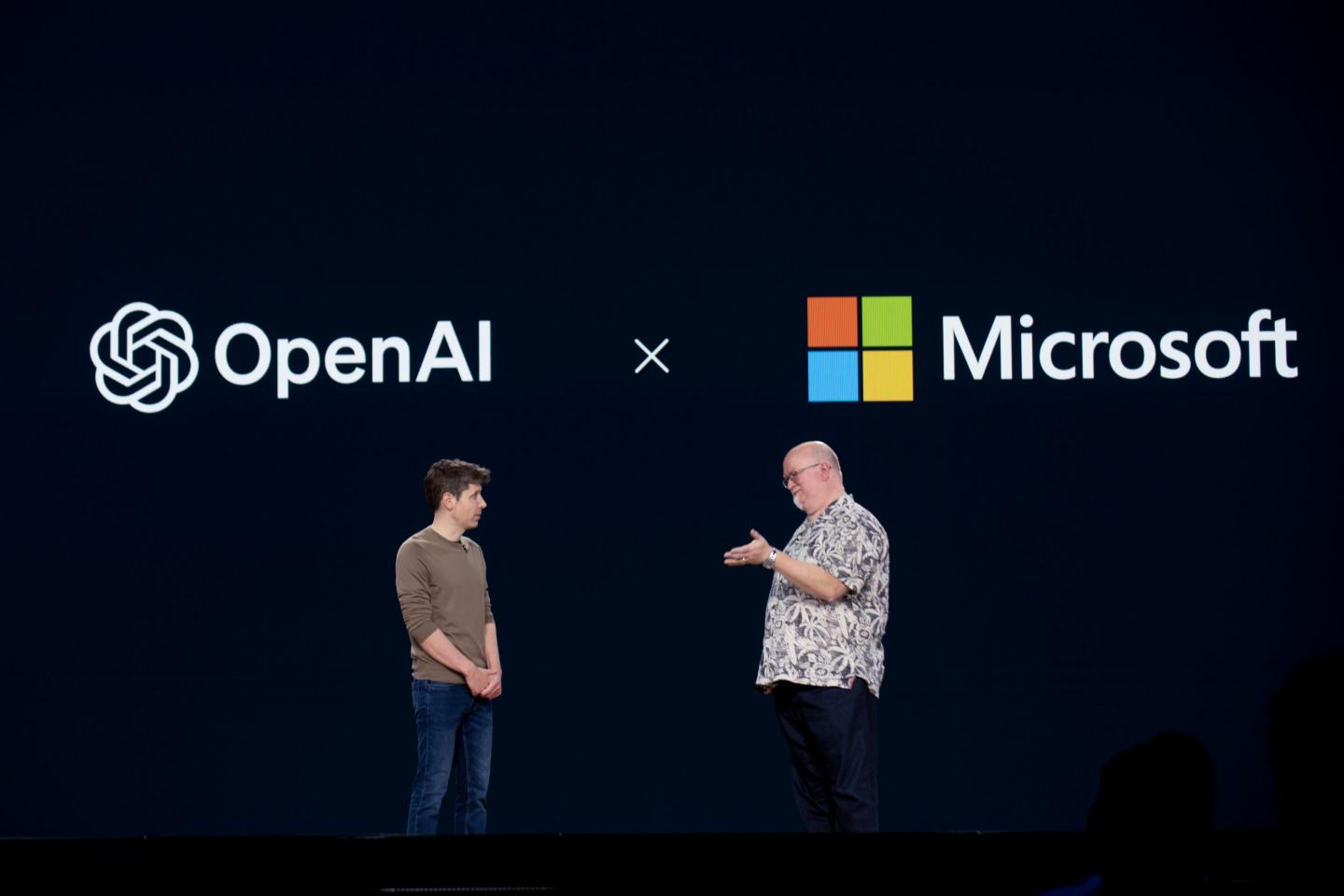 Kevin Scott, executive vice president of AI and chief technology officer of Microsoft Corp., right, and Sam Altman, chief executive officer of OpenAI, at the Microsoft Build event in Seattle, Washington, US, on Tuesday, May 21, 2024.