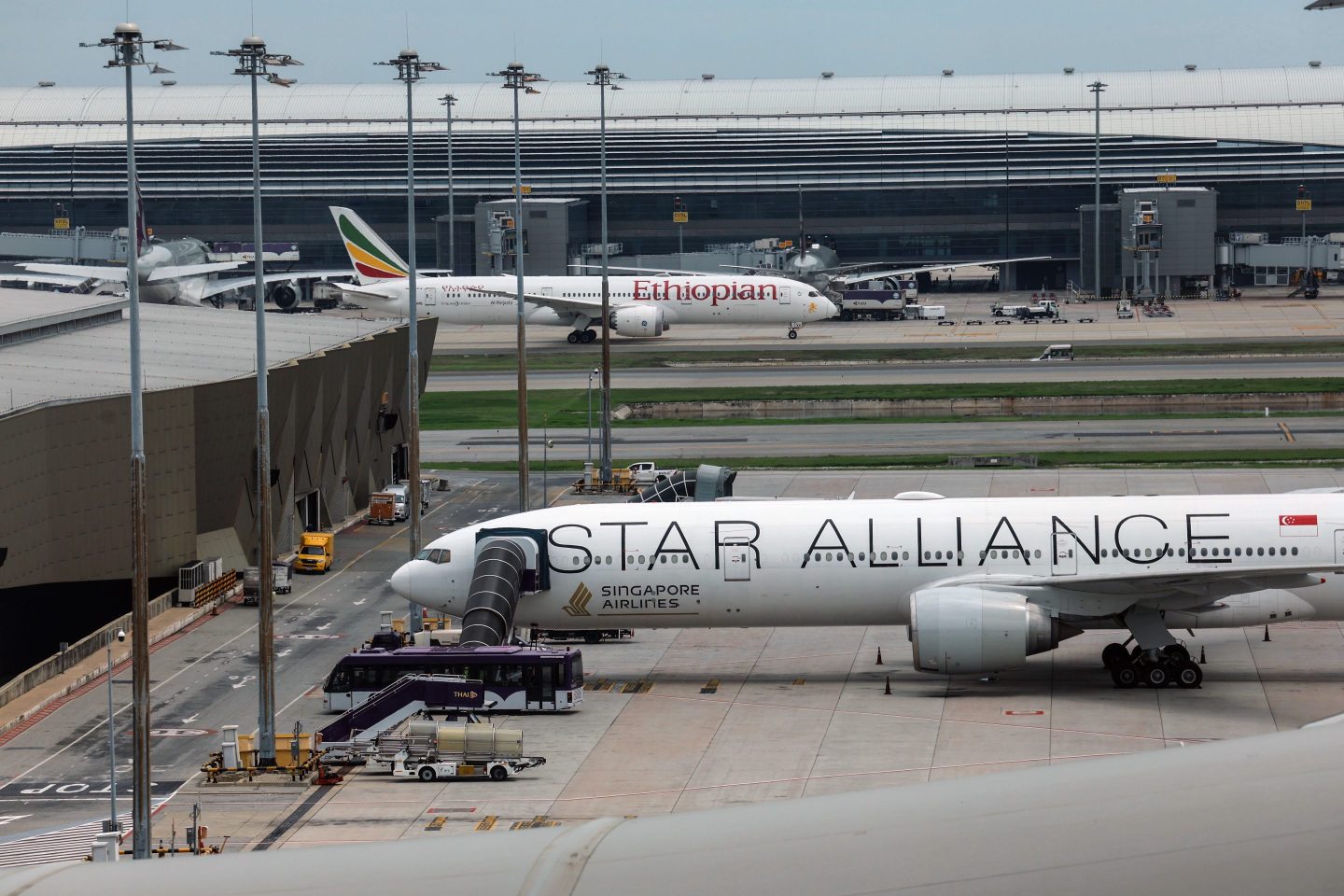A Singapore Airlines plane on the tarmac at Suvarnabhumi Airport in Bangkok on May 22. A Singapore Airlines plane made an emergency landing at the airport after encountering severe turbulence on May 20.