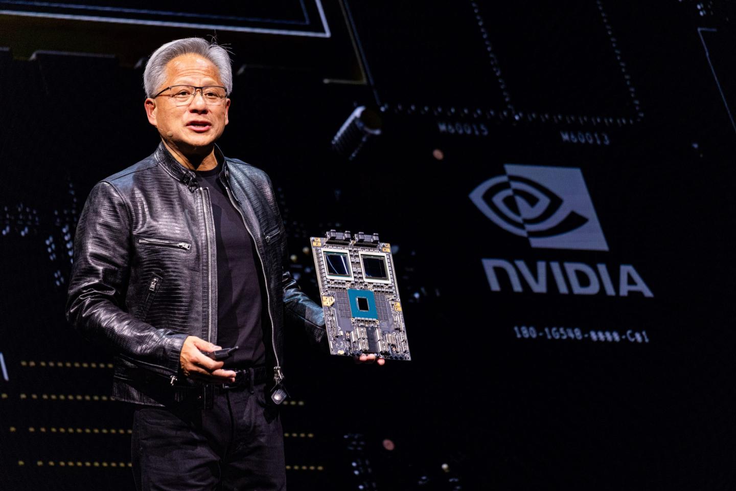 Jensen Huang, co-founder and chief executive officer of Nvidia Corp., speaks during an event in Taipei, Taiwan, on Sunday, June 2, 2024. Huang said the company plans to upgrade its AI accelerators every year, announcing a Blackwell Ultra chip for 2025 and a next-generation platform in development called Rubin for 2026.