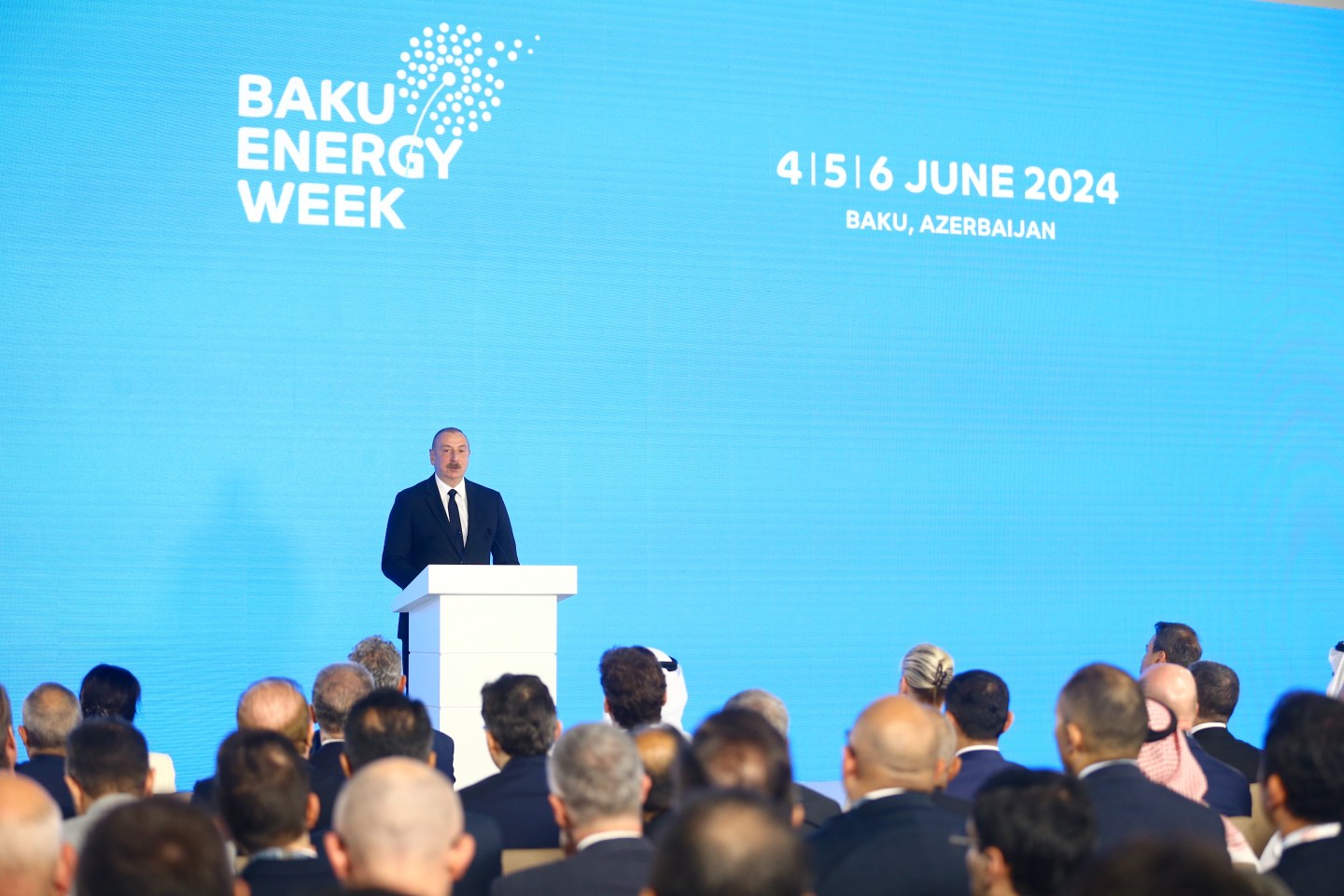 Azerbaijani President Ilham Aliyev making a speech.
