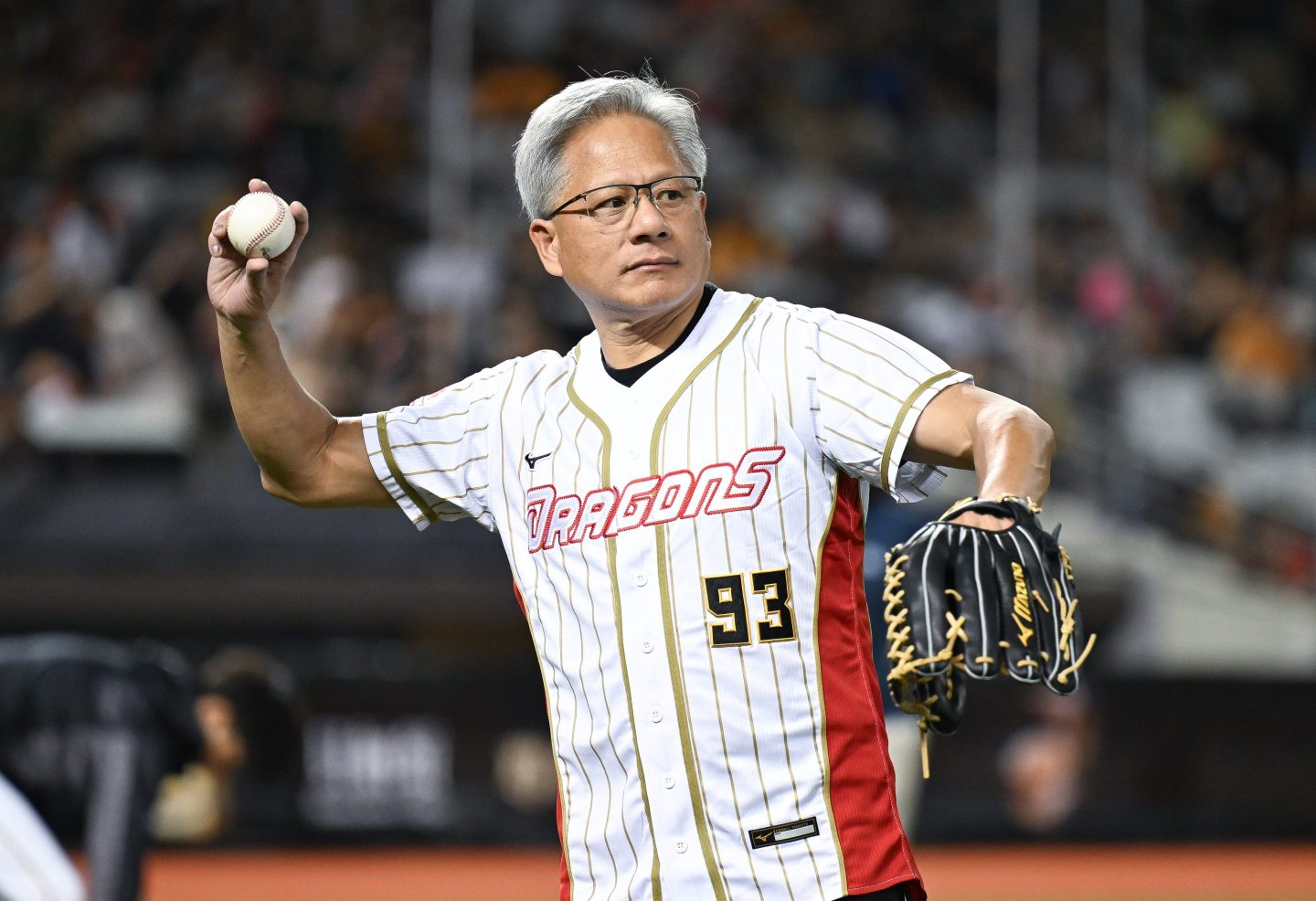 Jensen Huang throws baseball