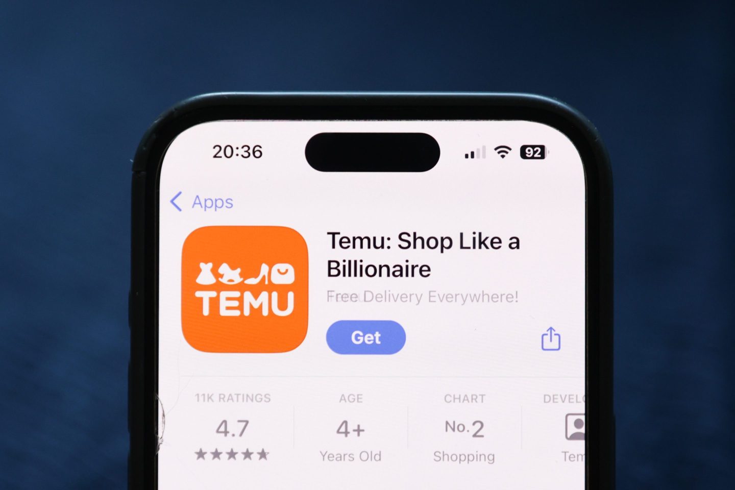 Temu on App Store displayed on a phone screen is seen in this illustration photo taken in Poland on June 5, 2024.