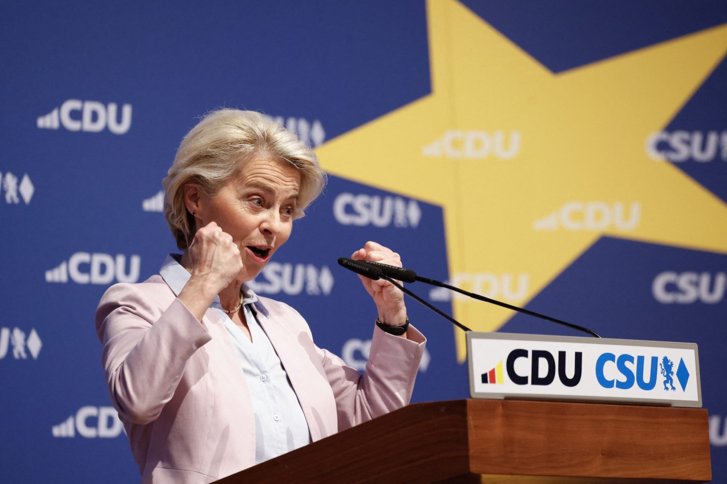 European Commission President Ursula von der Leyen speaks during the last rally of the German conservative party (CDU) before the European elections in Munich on June 7.