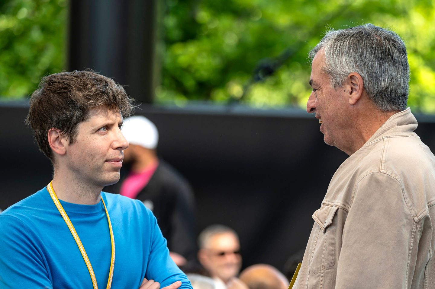 Sam Altman, chief executive officer of OpenAI, left, and Eddy Cue, senior vice president of services at Apple Inc., during the Apple Worldwide Developers Conference at Apple Park campus in Cupertino, Calif. on June 10, 2024.