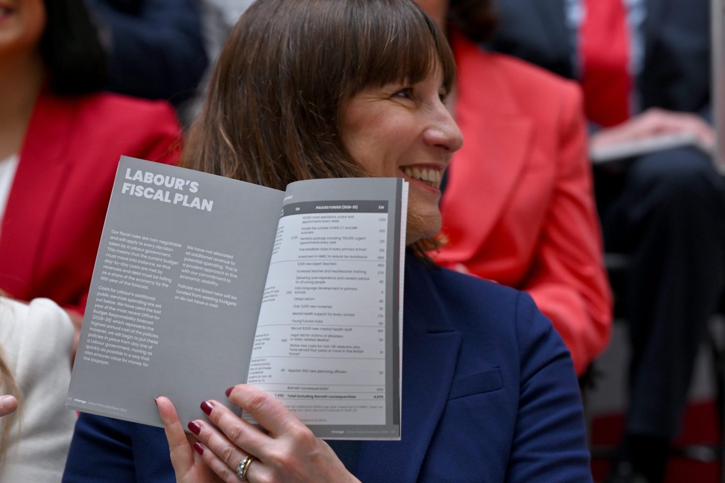 Rachel Reeves, Shadow Chancellor of the Exchequer, holds up the Fiscal Plan during the launch of Labour's general election manifesto on June 13, 2024 in Manchester, United Kingdom.