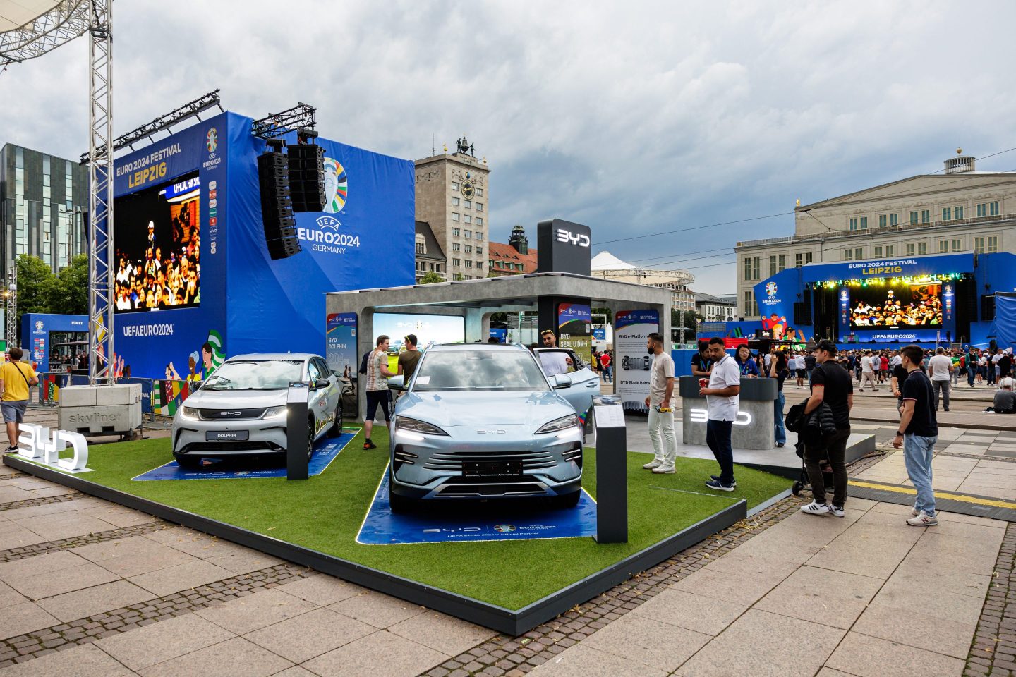 A stand of the Chinese car manufacturer BYD at the official UEFA Fan Zone prior to the Group F match between Portugal and Czechia on June 18, 2024, in Leipzig, Germany.
