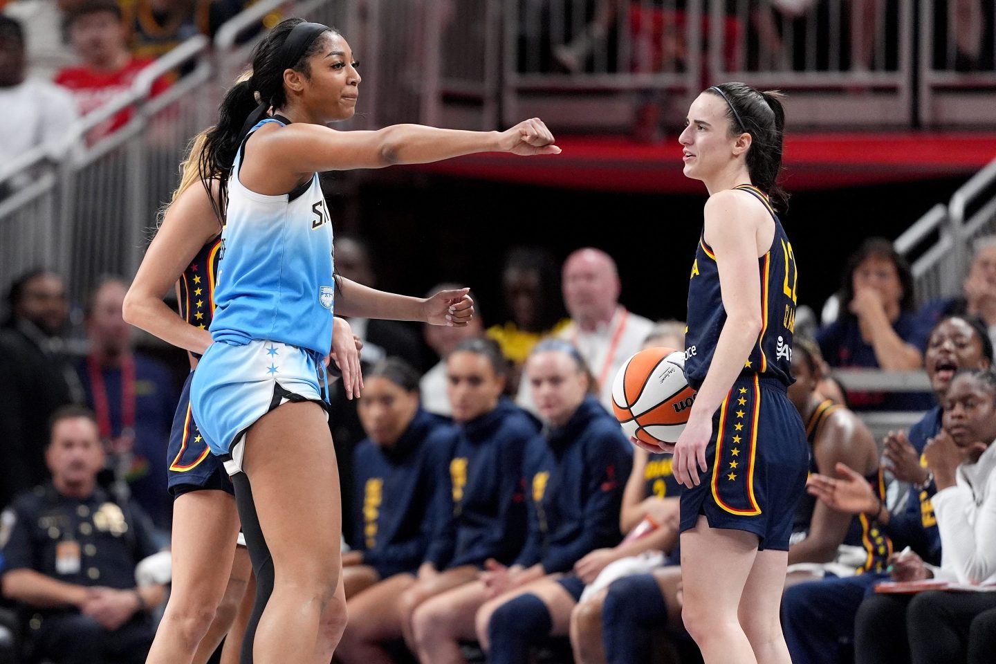 Angel Reese (left) seen guarding Caitlin Clark (right) in last week's matchup between the Chicago Sky and Indiana Fever.