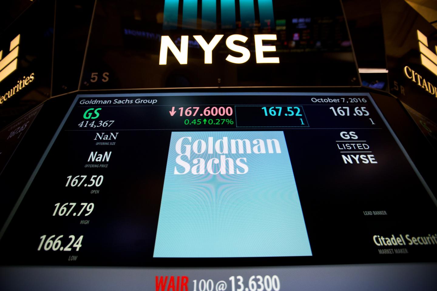 Goldman Sachs' logo on a trading screen in the New York Stock Exchange