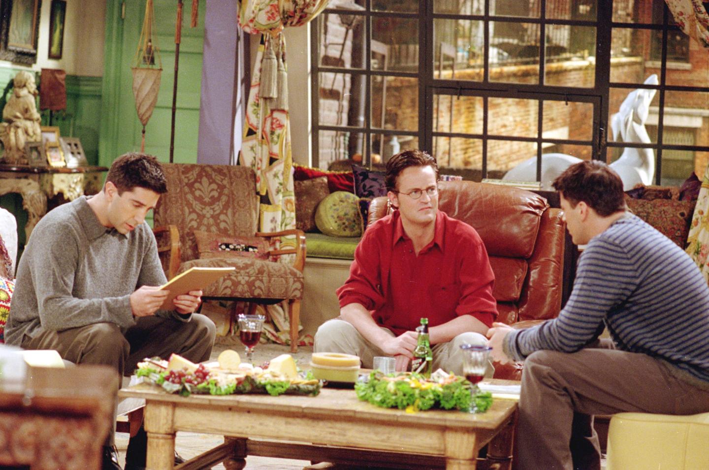 "Friends" actors David Schwimmer, Matthew Perry, and Matt LeBlanc, in a scene from the show
