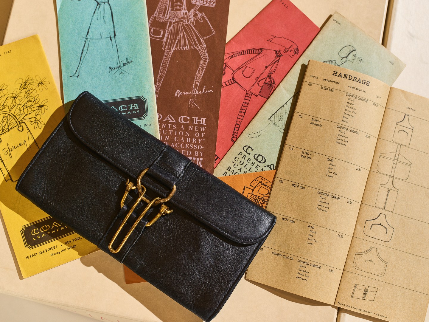 A Coach 1960's chubby clutch retailed at $8.50. Corresponding catalogues with sketches, descriptions, and prices helped maintain inventory for each season and preserved information for the archive to inspire future designs.