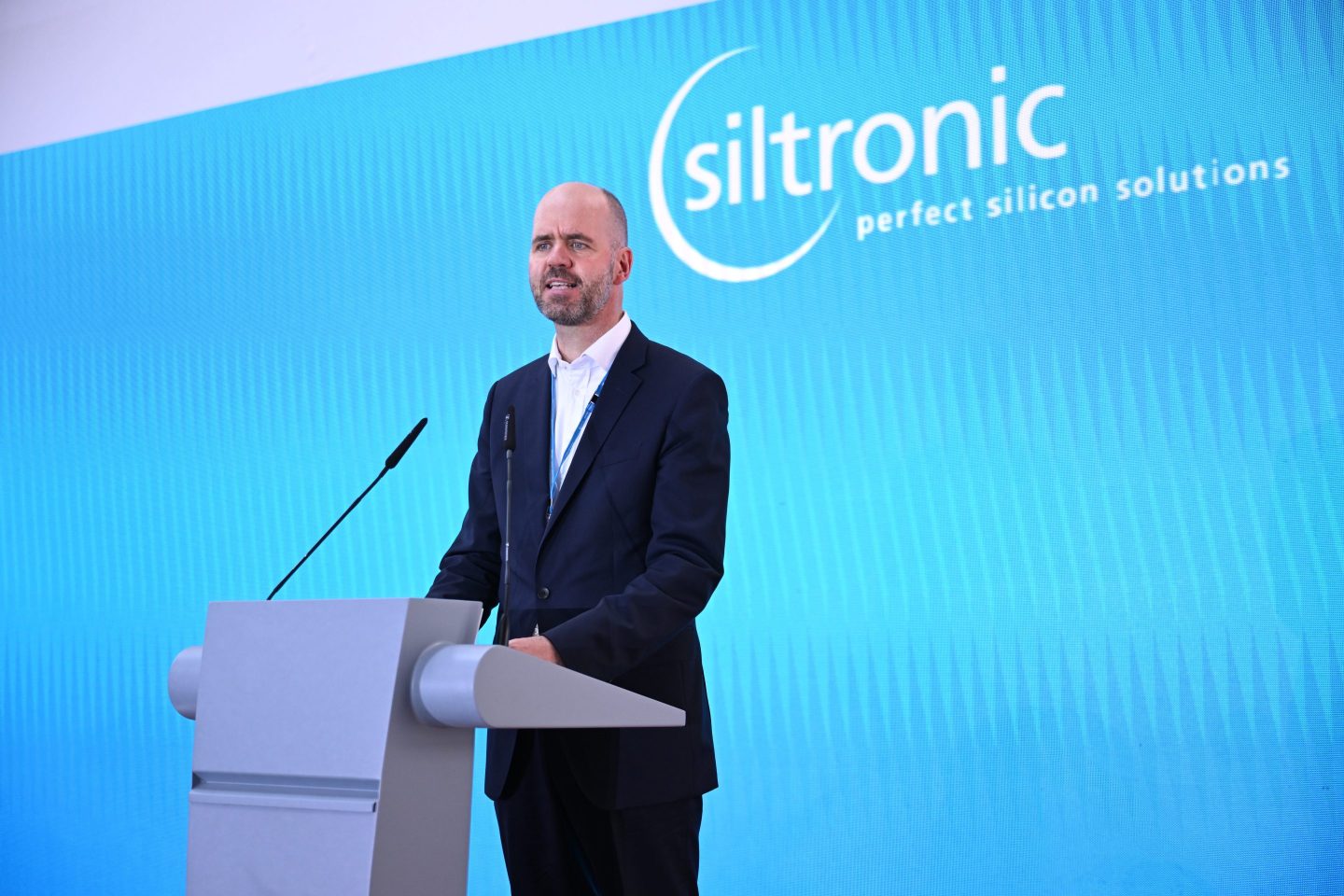 Siltronic's CEO Michael Heckmeier speaking at the opening of the German semiconductor firm's third fab in Singapore on June 12, 2024.