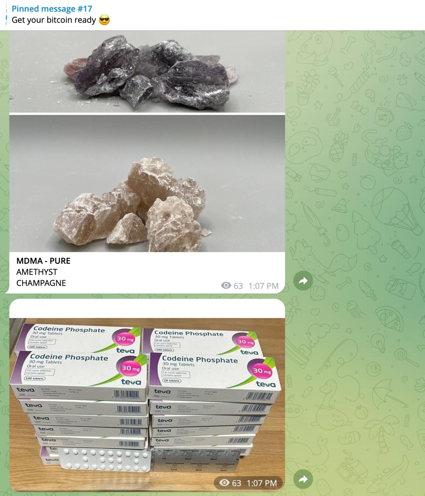 Screenshot of a seller sending a message about drugs on Telegram