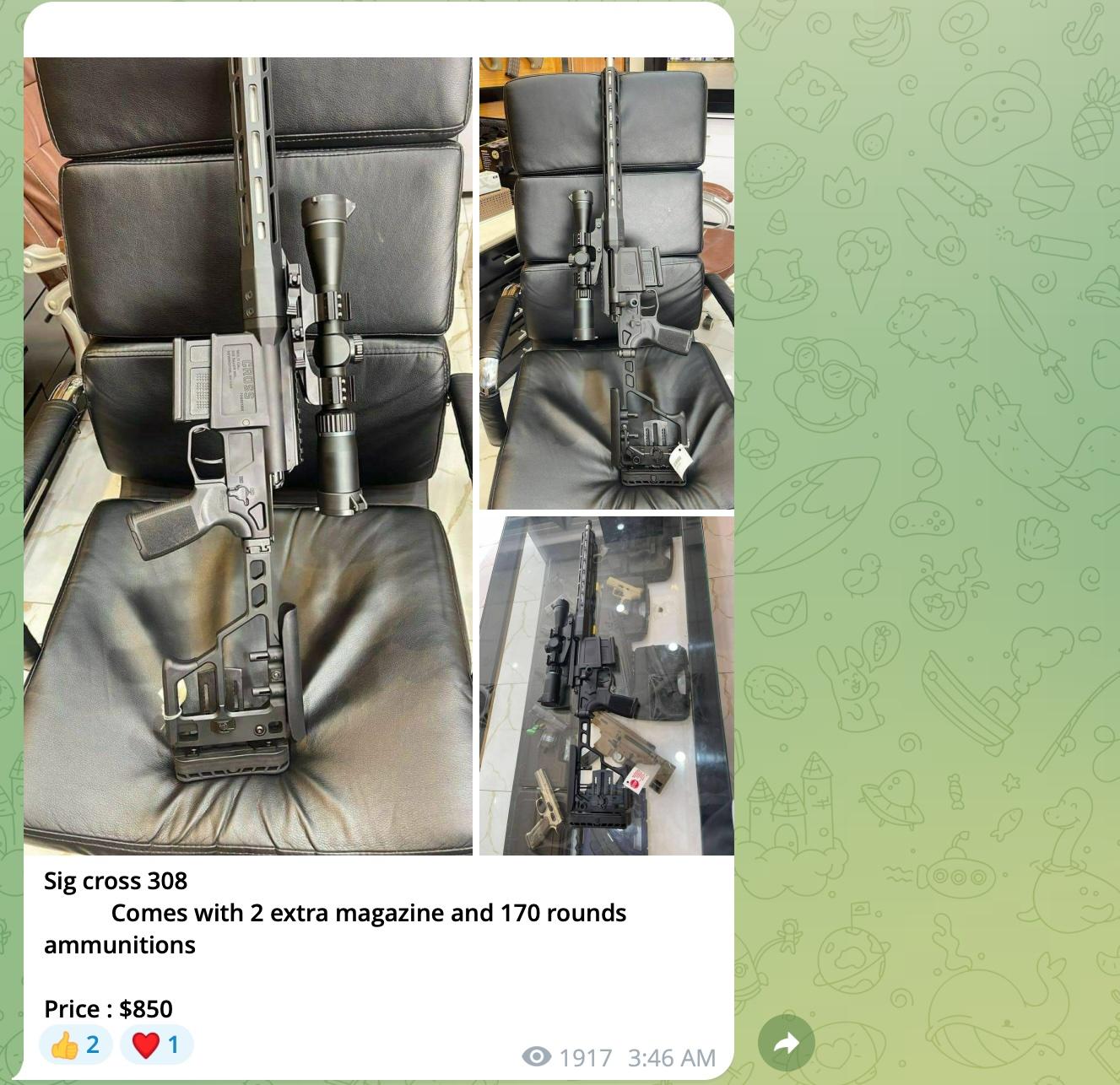 Screenshot of a seller sharing a photo of a gun on Telegram