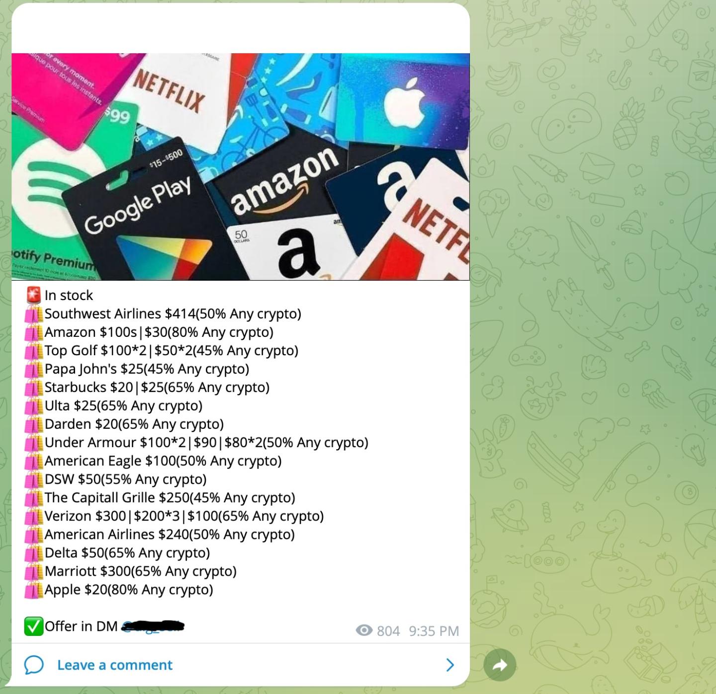 Screenshot of Telegram message