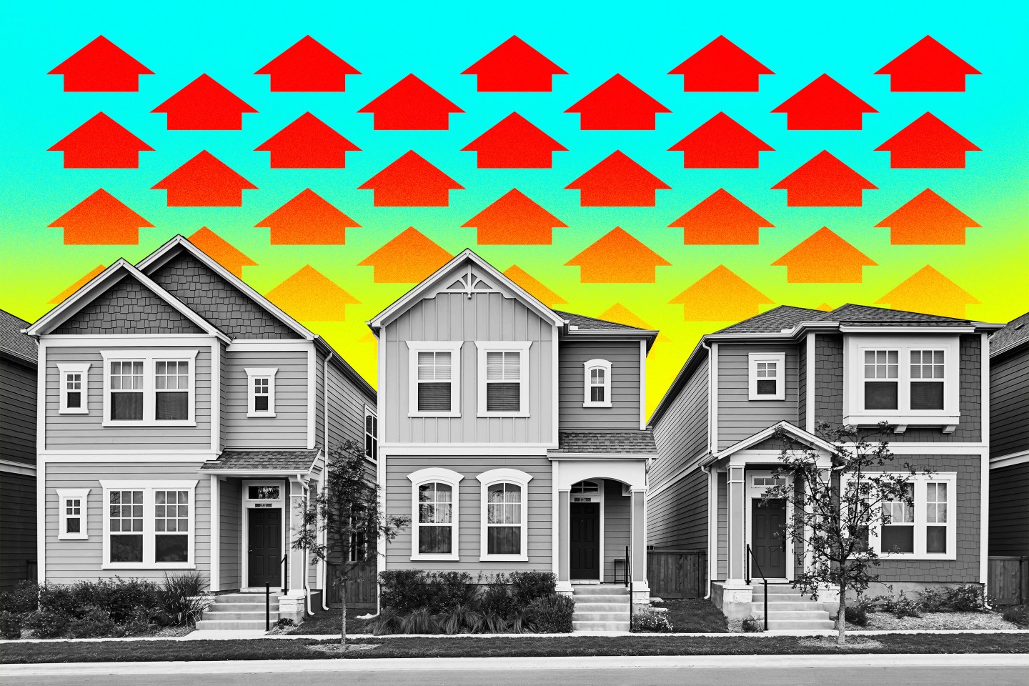 A row of houses with upward pointing arrows