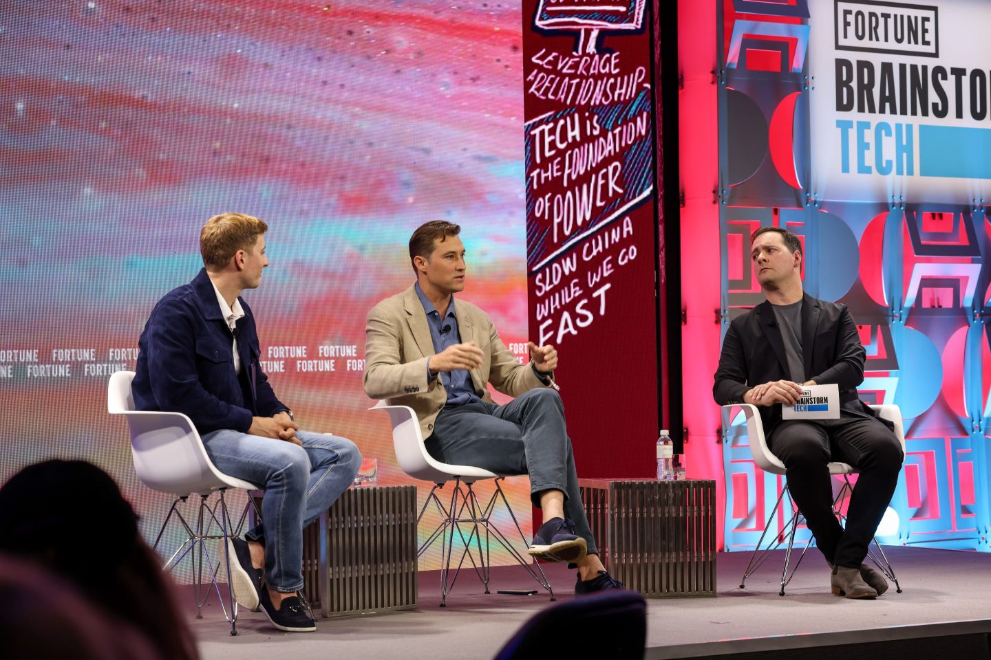 Jacob Helberg (left) Commissioner, United States-China Economic and and Security Review Commission and Ben Harburg (right), Managing Partner MSA Capital speaking at the Fortune Brainstorm Tech conference in Park City, Utah on July 16, 2024.