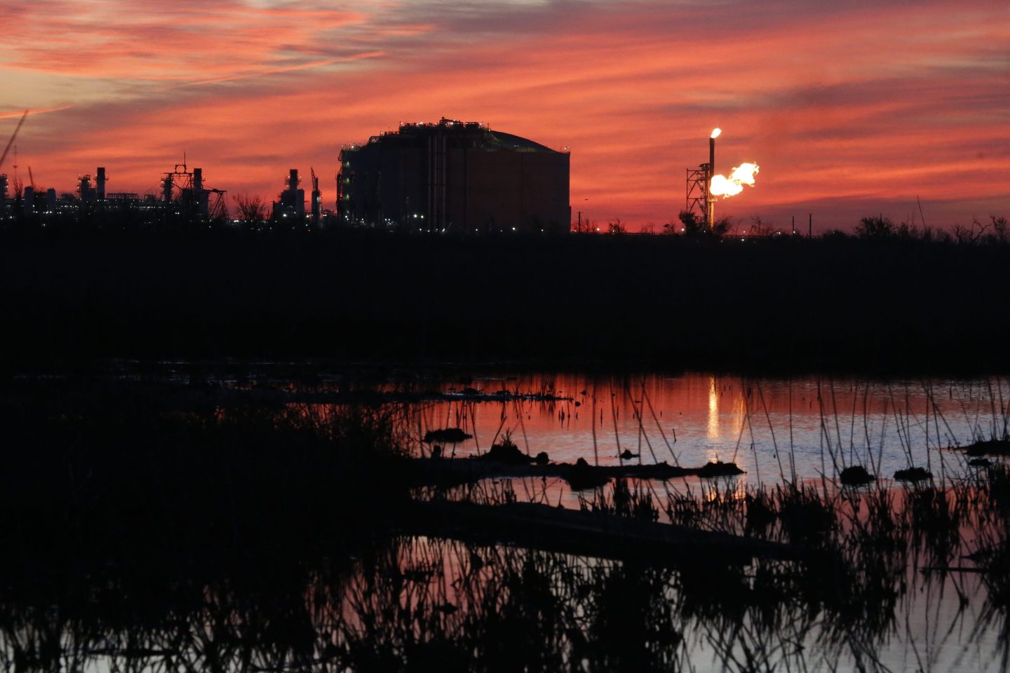 A flare burns at Venture Global LNG in Cameron, La., April 21, 2022.
