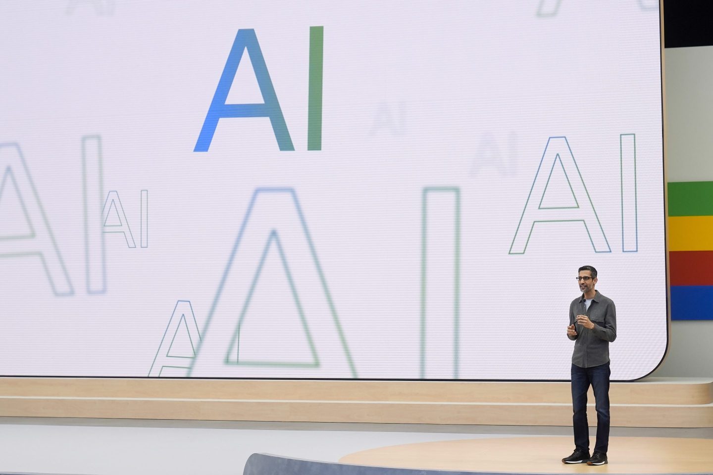 lphabet CEO Sundar Pichai speaks at a Google I/O event in Mountain View, Calif., May 14, 2024.