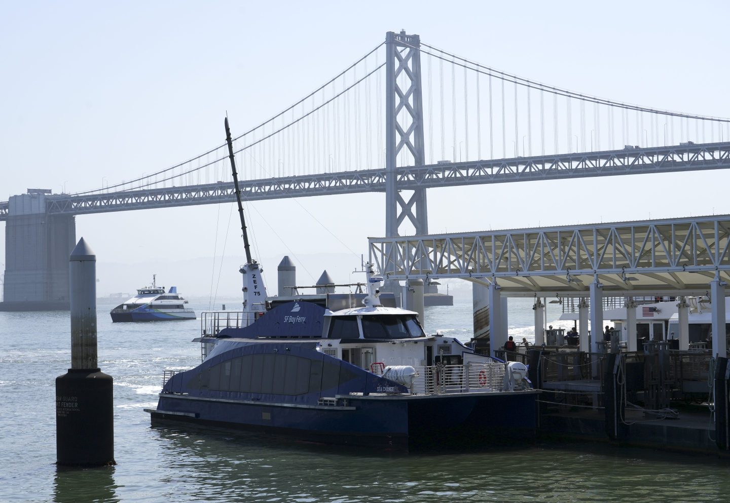 The world's first hydrogen-powered ferry, docked in the San Francisco Bay