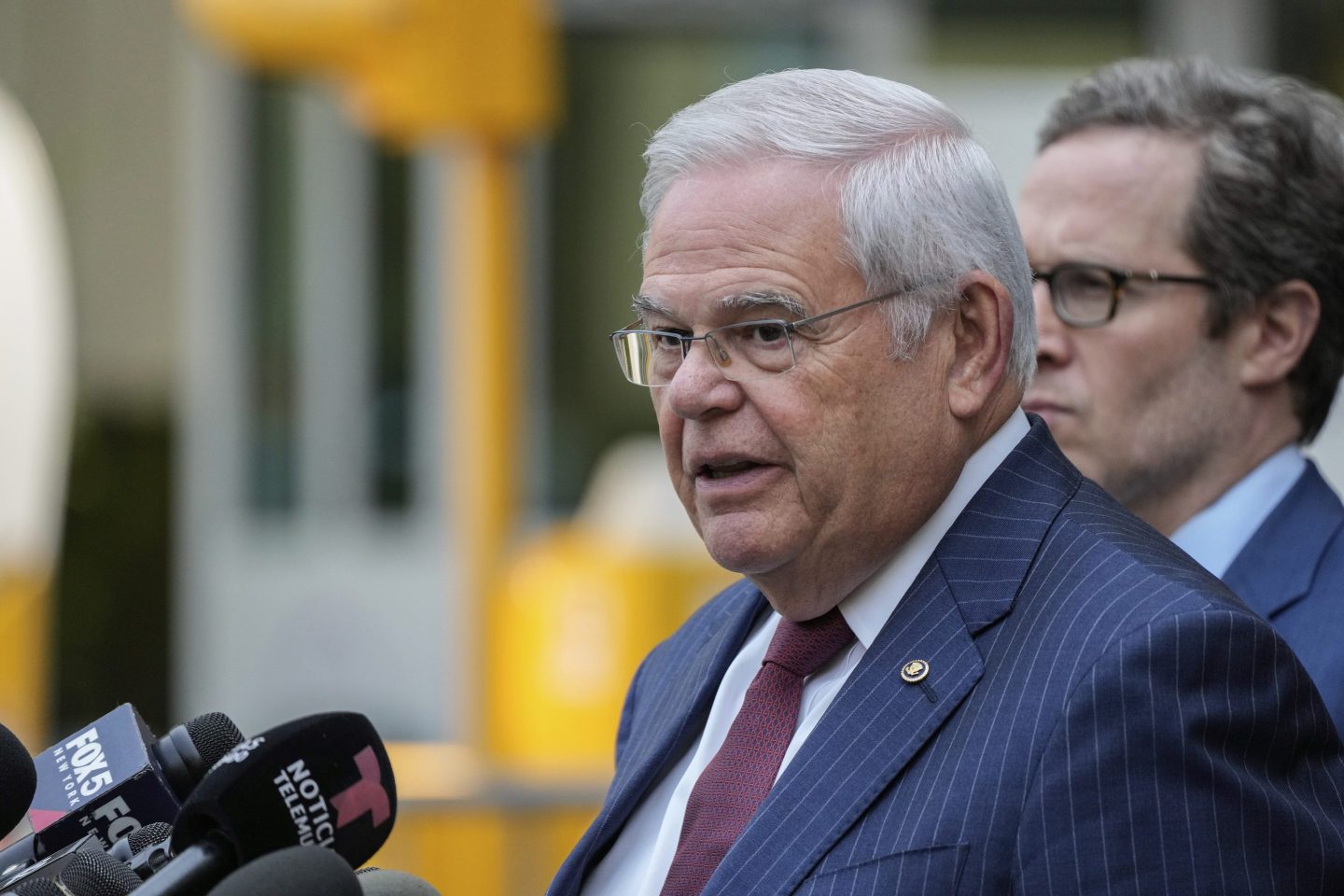 Sen. Bob Menendez, D-N.J., speaks to the media outside federal court, on July 16, 2024, in New York.