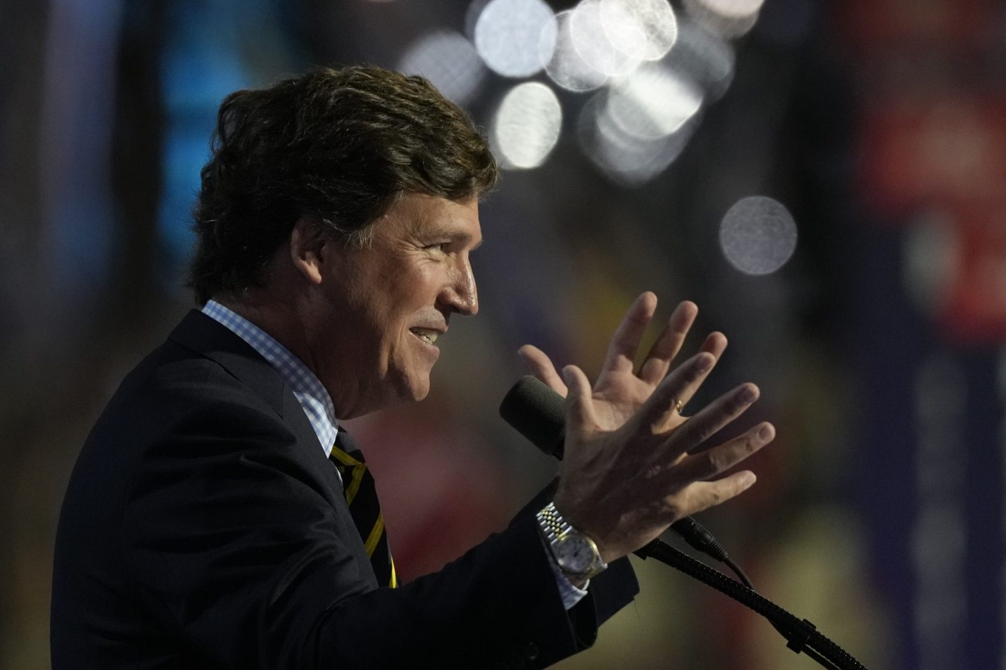 Tucker Carlson speaks during the Republican National Convention Thursday, July 18, 2024, in Milwaukee.
