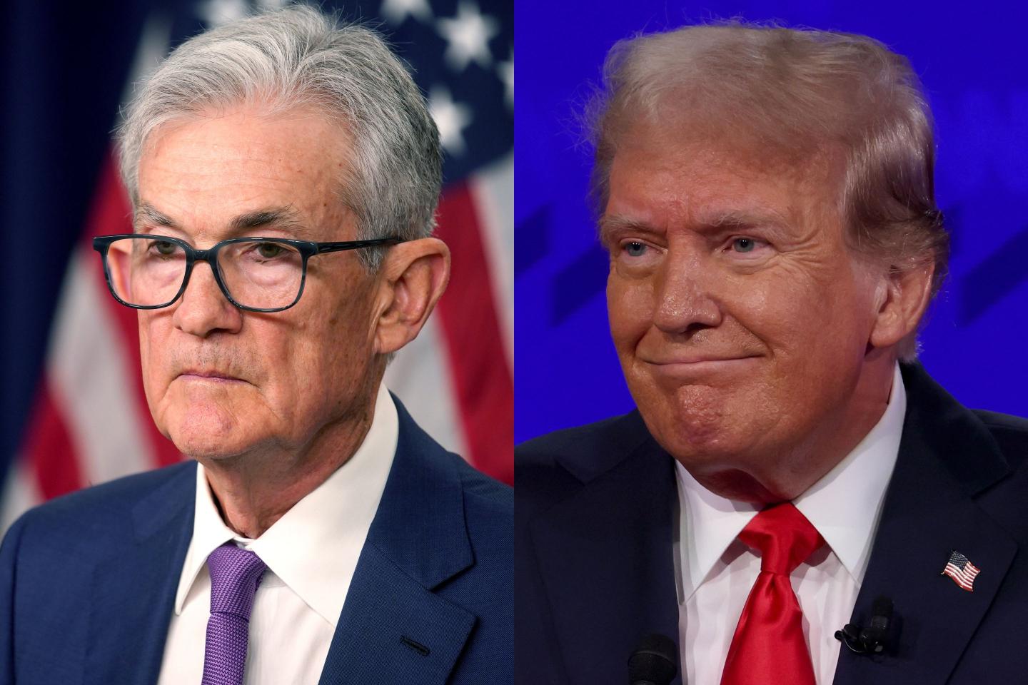 Left: Jerome Powell, chairman of the US Federal Reserve, during a news conference following a Federal Open Market Committee (FOMC) meeting in Washington, DC, US, on Wednesday, May 1, 2024. The Federal Reserve signaled fresh concerns about inflation as it reaffirmed it needs more evidence that price gains are cooling before cutting interest rates from a two-decade high. Photographer: Al Drago/Bloomberg via Getty Images Right: ATLANTA, GEORGIA - JUNE 27: Republican presidential candidate, former U.S. President Donald Trump participates in the CNN Presidential Debate at the CNN Studios on June 27, 2024 in Atlanta, Georgia. Former President Trump and U.S. President Joe Biden are facing off in the first presidential debate of the 2024 campaign. (Photo by Justin Sullivan/Getty Images)