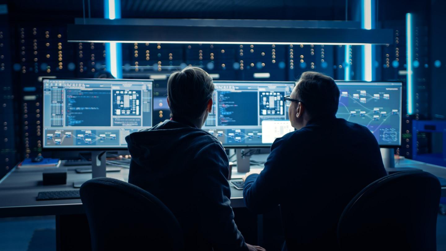 Programmers look at computer screen.