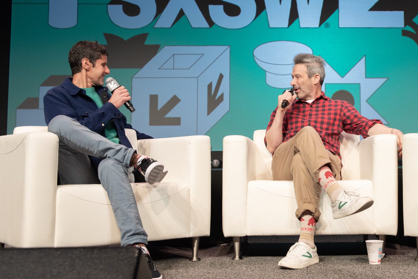 Michael Diamond (L) and Adam Horowitz of the Beastie Boys are interviewed live on stage during SXSW in 2019.