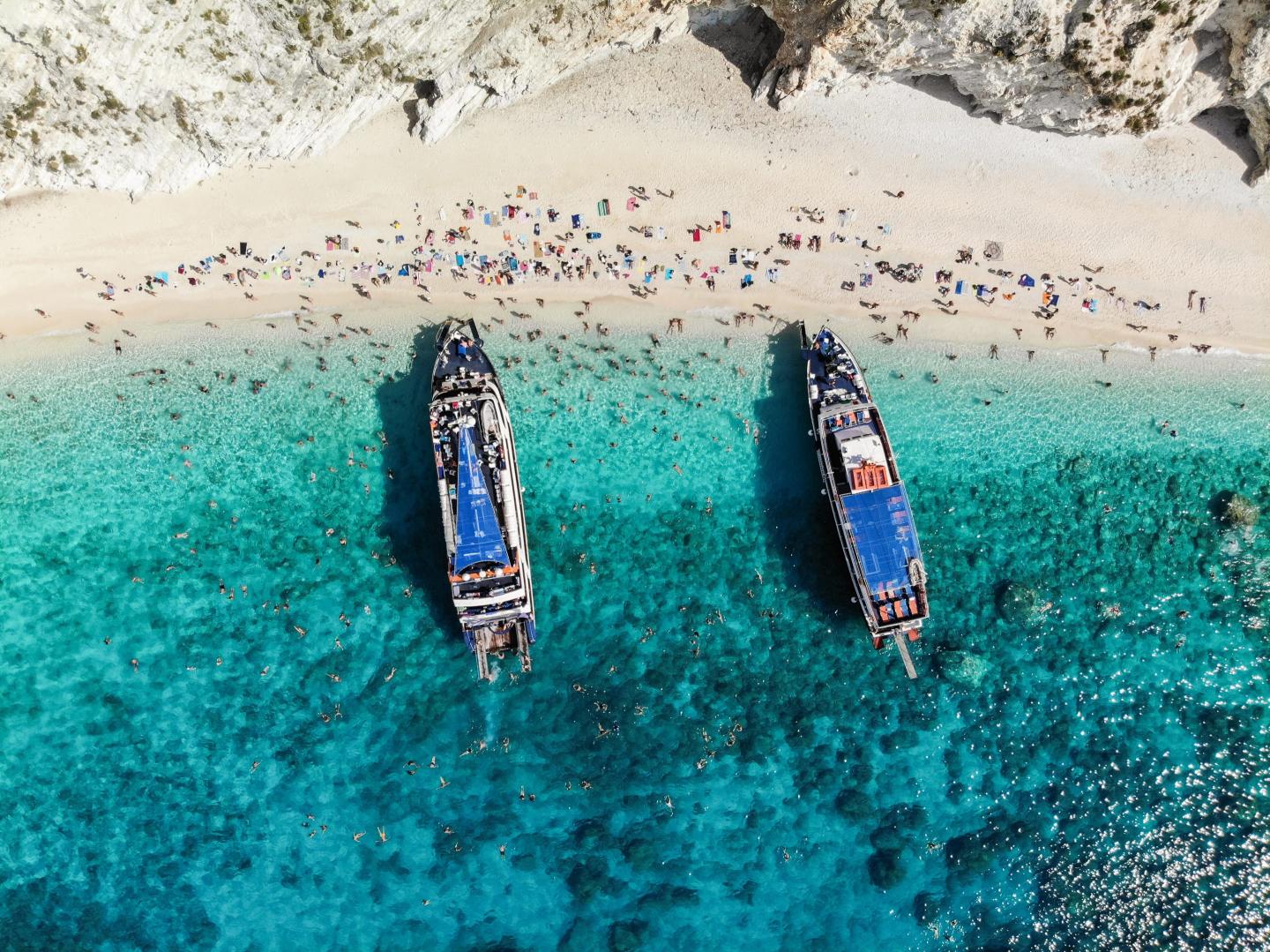 Two tour boats directly above, Lefkada, Greece