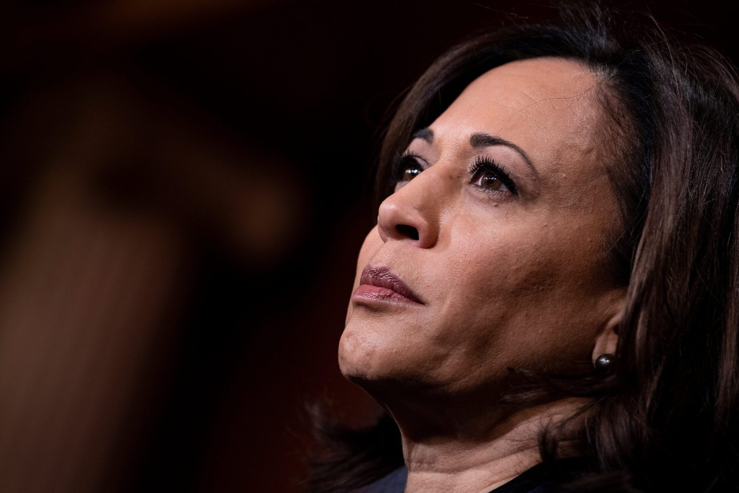 Senator Kamala Harris (D-CA) listens during a press conference during the impeachment trial of US President Donald Trump on Capitol Hill January 31, 2020, in Washington, DC.
