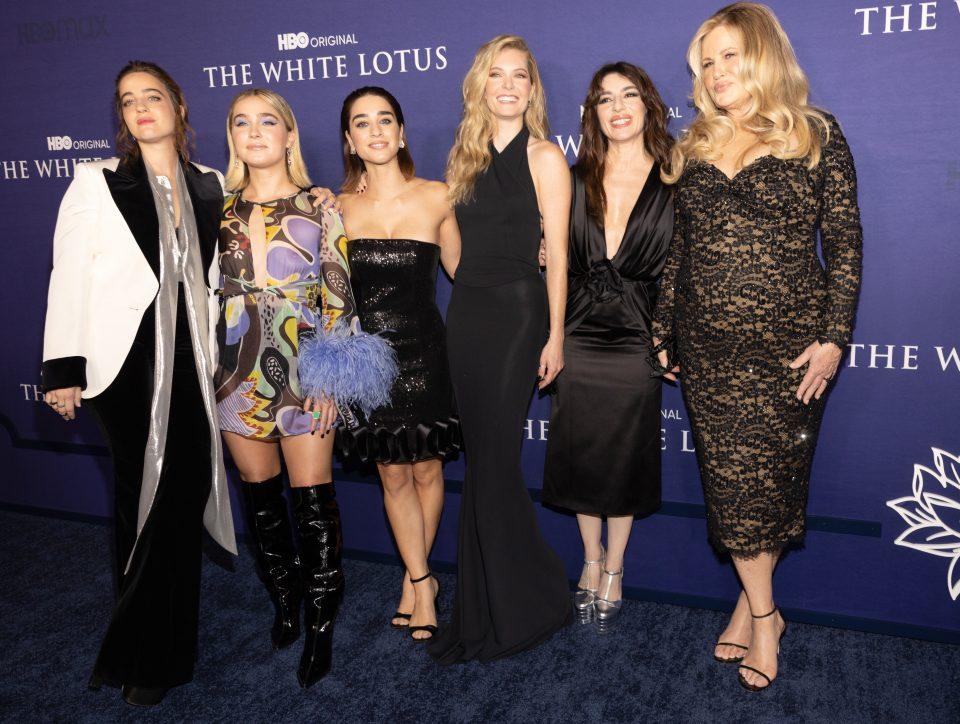 (L-R) Beatrice Grannò, Haley Lu Richardson, Simona Tabasco, Meghann Fahy, Sabrina Impacciatore and Jennifer Coolidge at the Los Angeles Season 2 Premiere of HBO Original Series "The White Lotus" held at Goya Studios on October 20, 2022 in Los Angeles, California. (Photo by Christopher Polk/Variety via Getty Images)