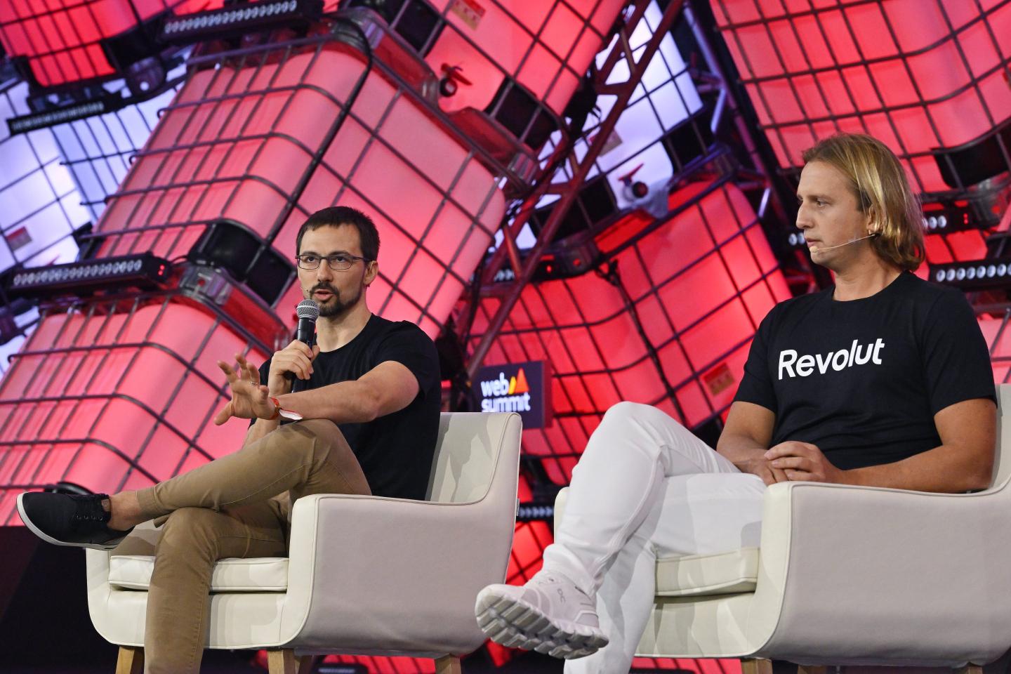 Rio de Janeiro , Brazil - 3 May 2023; Vlad Yatsenko, Co-founder &amp; CTO, Revolut, left, and Nik Storonsky, Founder &amp; CEO, Revolut, on Centre Stage during day two of Web Summit Rio 2023 at Riocentro in Rio de Janeiro, Brazil. (Photo By Piaras Ó Mídheach/Sportsfile for Web Summit Rio via Getty Images)