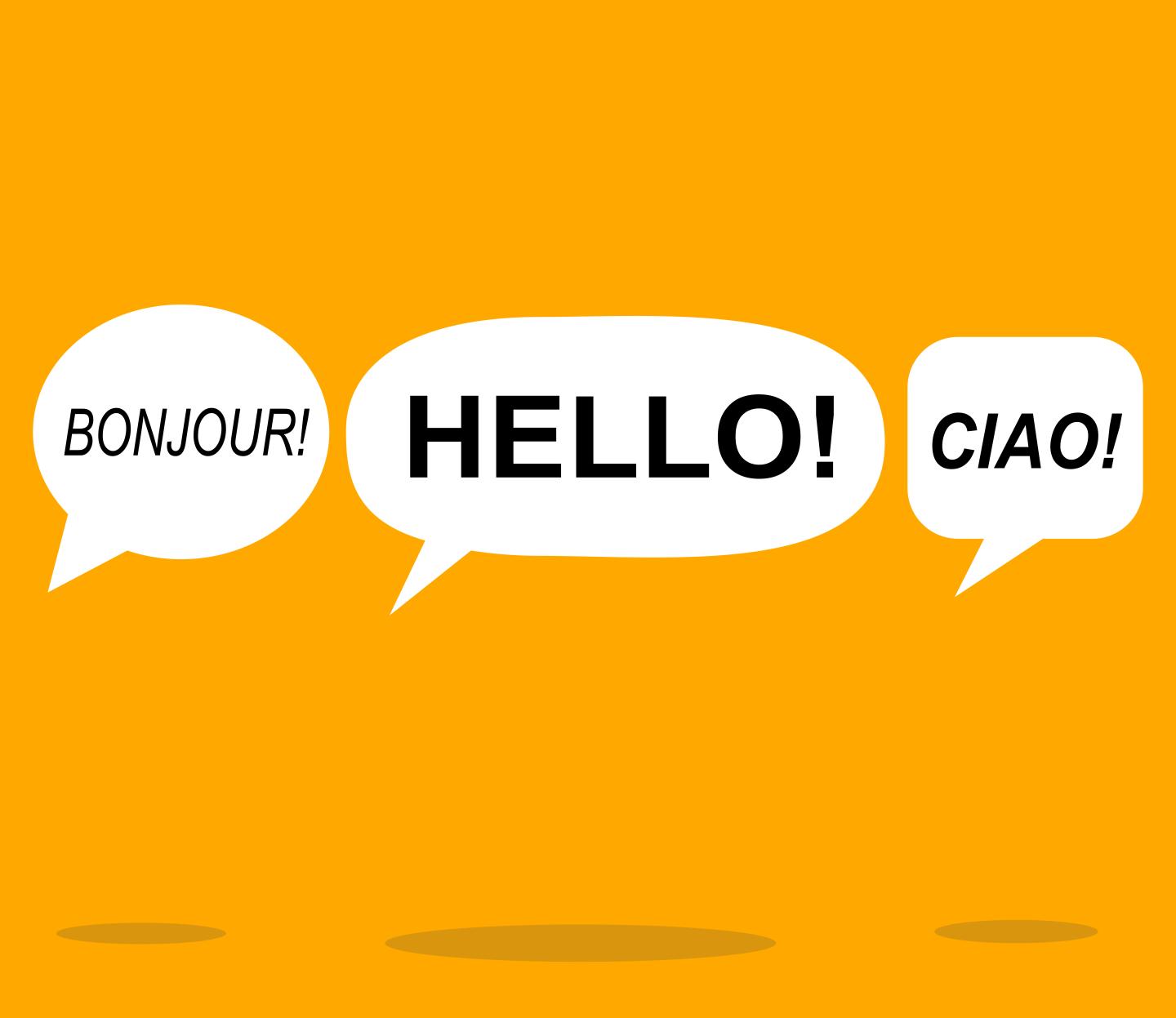 Speech bubbles showing the word Hello written in different languages.