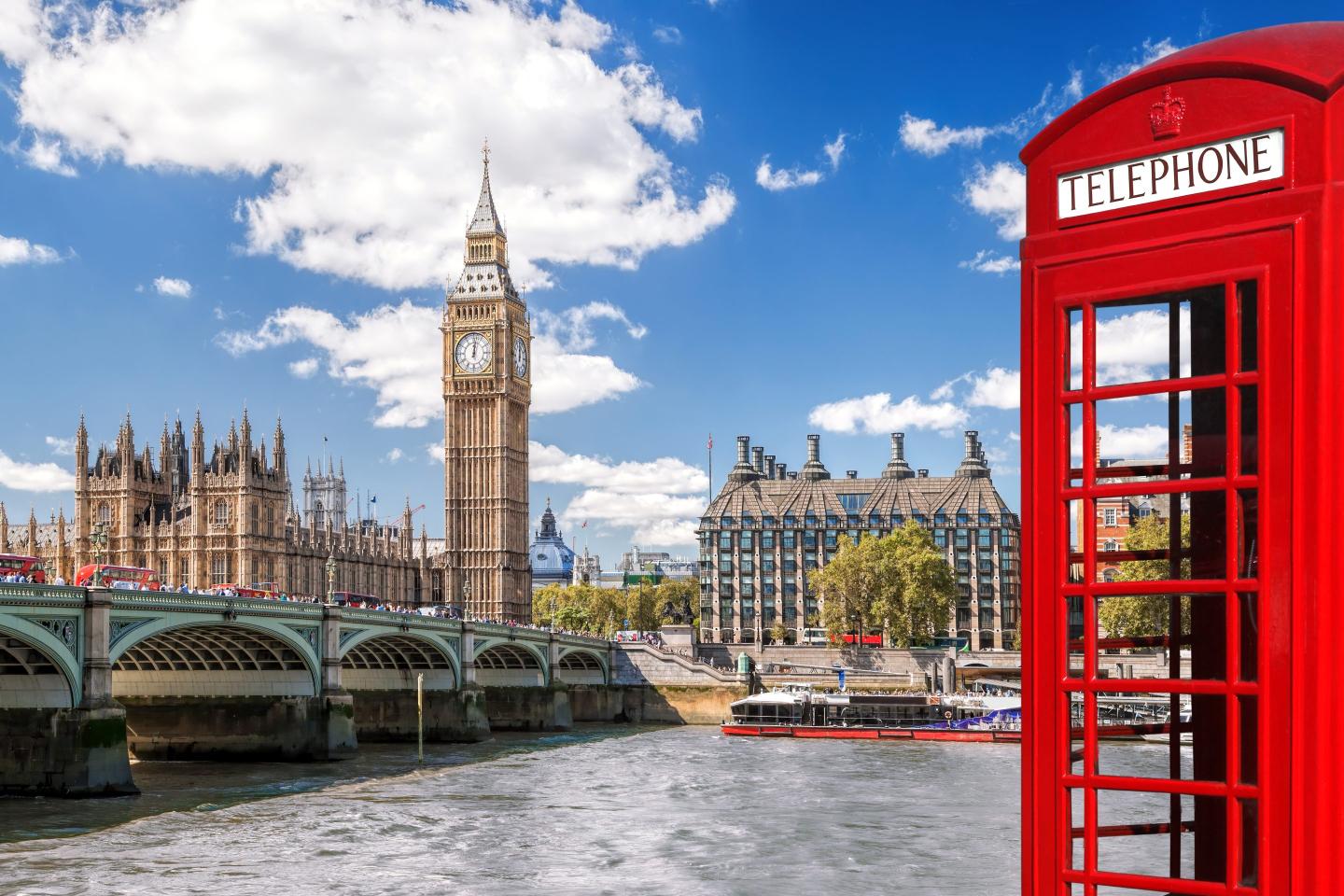 London symbols with BIG BEN and red Phone Booths in England, UK.