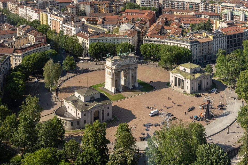 MILAN, ITALY - MAY 03: A general view of the Arco della Pace, surrounded by Parco Sempione, as seen from Torre Branca on May 03, 2023 in Milan, Italy. (Photo by Emanuele Cremaschi/Getty Images)