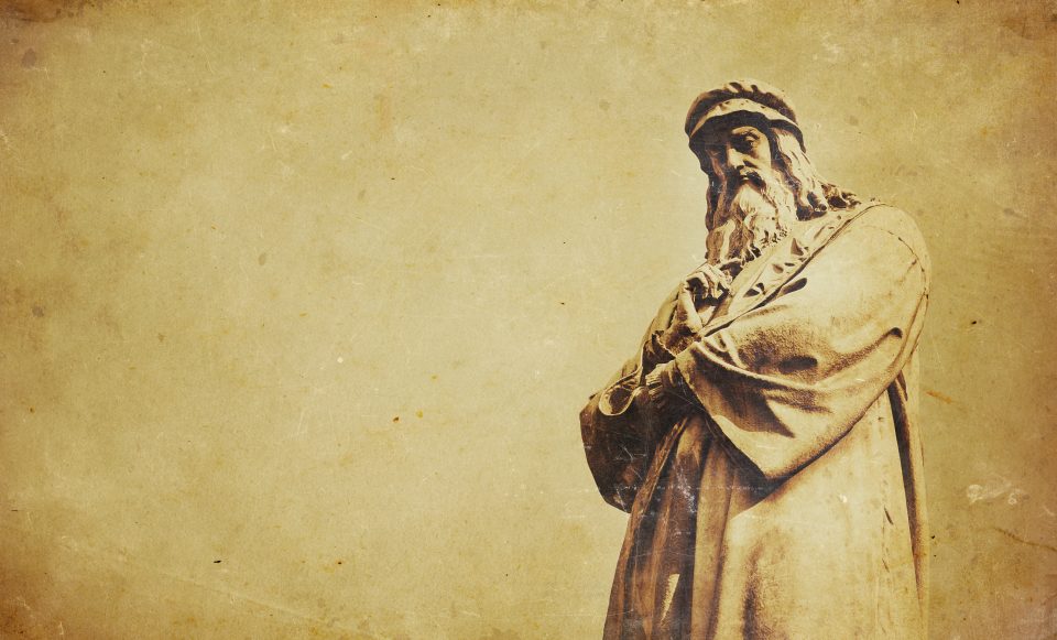 statue of <a href="https://fortune.com/company/leonardo/" target="_blank">Leonardo</a> da <a href="https://fortune.com/company/vinci/" target="_blank">Vinci</a> in Piazza della Scala, Milan - with a grunge texture background for an ancient look