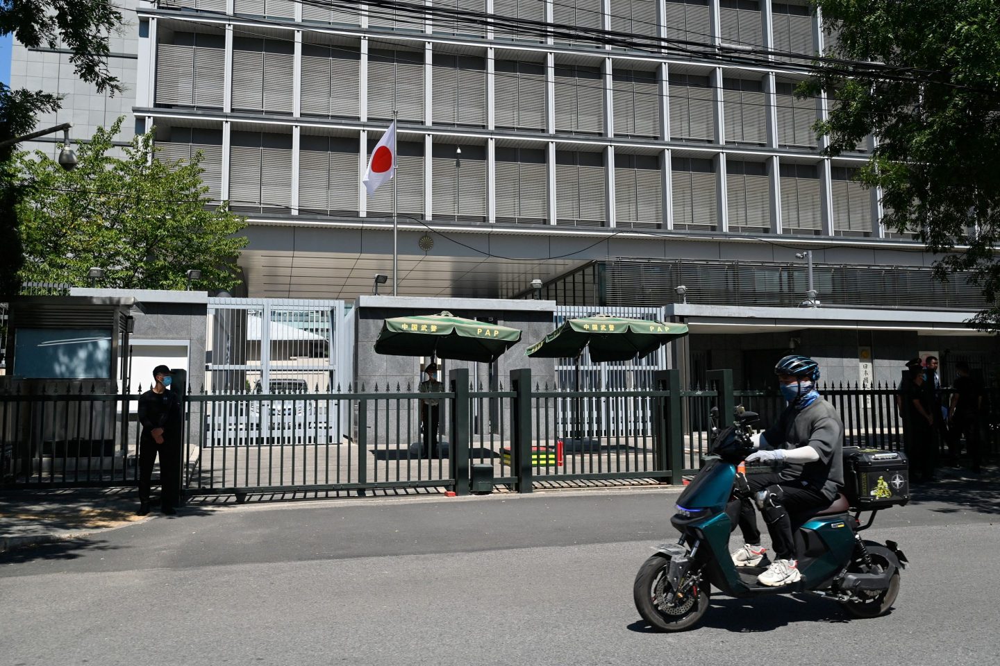 Outside the Japanese embassy in Beijing in August 2023. Chinese internet companies are clamping down on anti-Japanese sentiment online, following a stabbing attack on two Japanese in China.