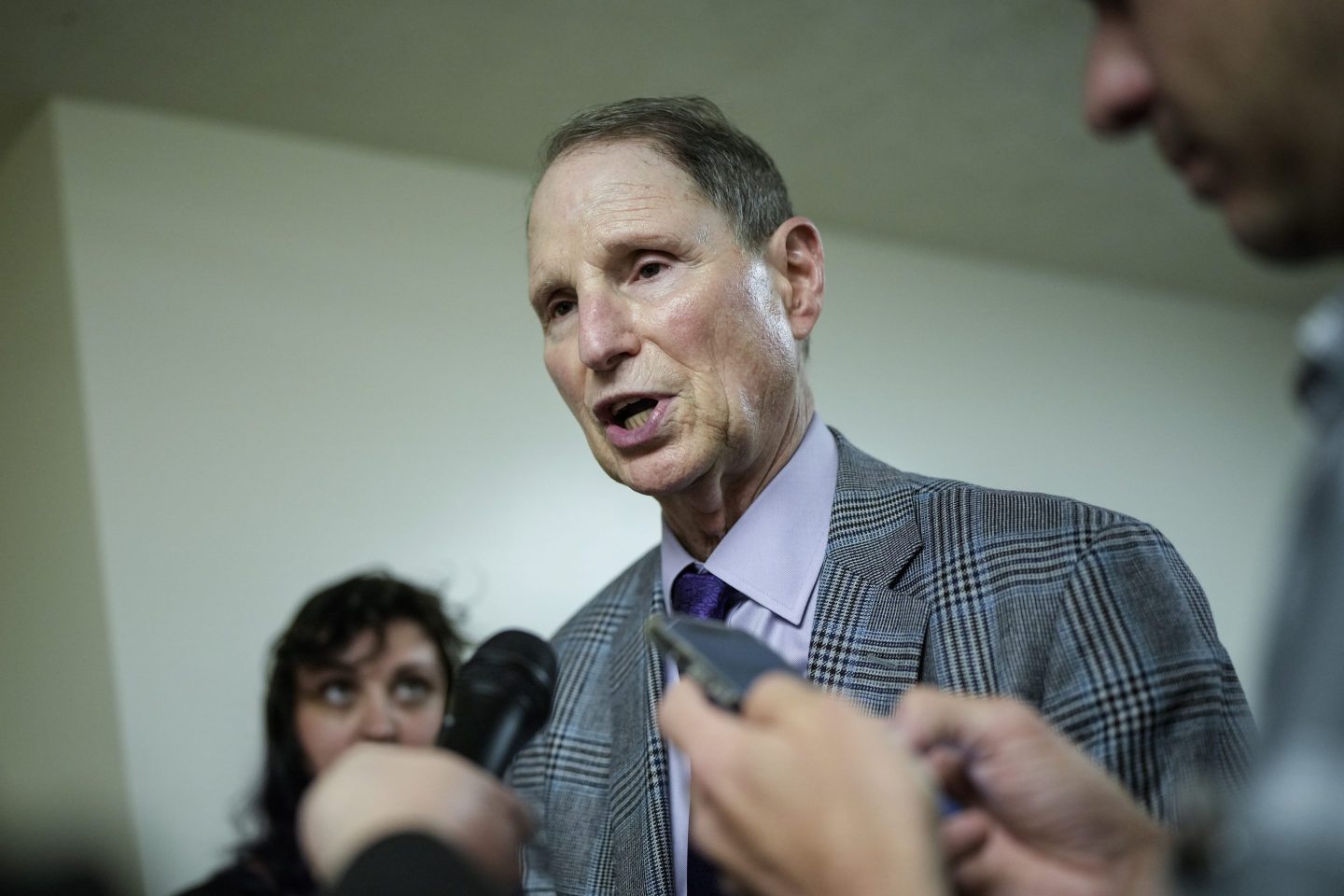WASHINGTON, DC - SEPTEMBER 11: Sen. Ron Wyden (D-OR) speaks with reporters in the Senate subway at the U.S. Capitol on September 11, 2023 in Washington, DC.