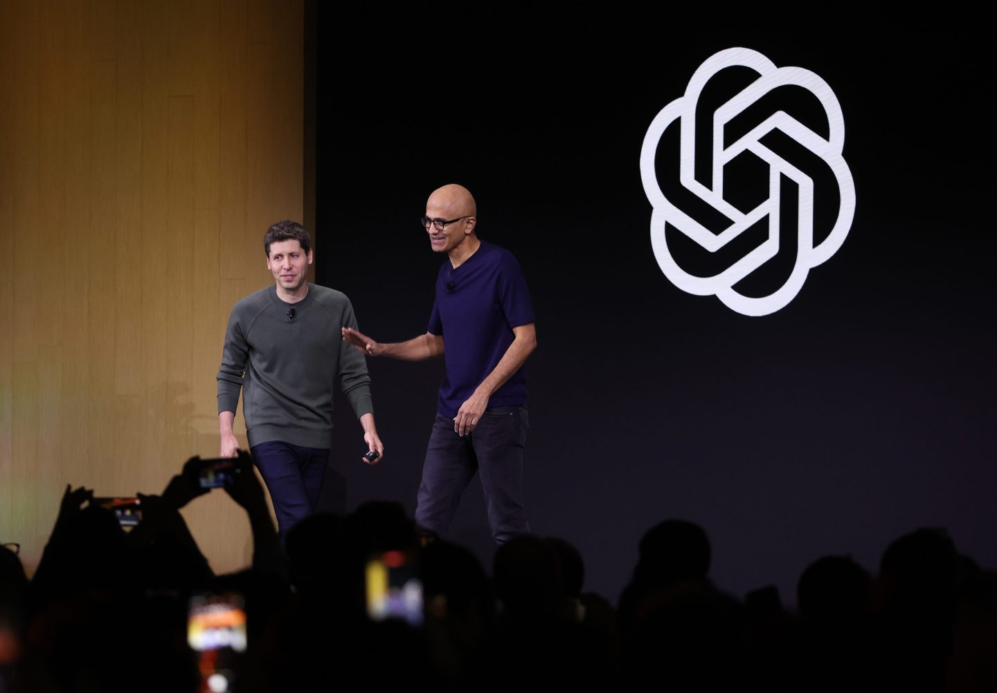 Microsoft CEO Satya Nadella (R) greets OpenAI CEO Sam Altman during the OpenAI DevDay event on November 06, 2023 in San Francisco, California.