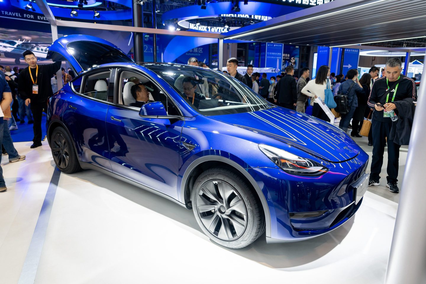 A Tesla Model Y at the sixth China International Import Expo in Shanghai, on Nov. 6, 2023. Tesla’s Model Y was added to a list of vehicles eligible for purchase by the Jiangsu government in June 2024.