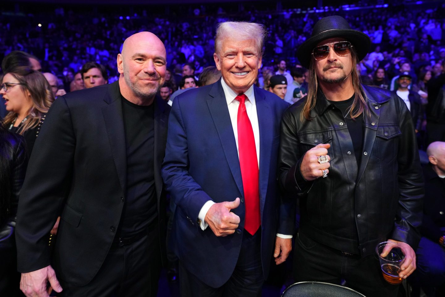 Dana White, Donald Trump, and Kid Rock pose during the UFC 295 event at Madison Square Garden in November 2023.