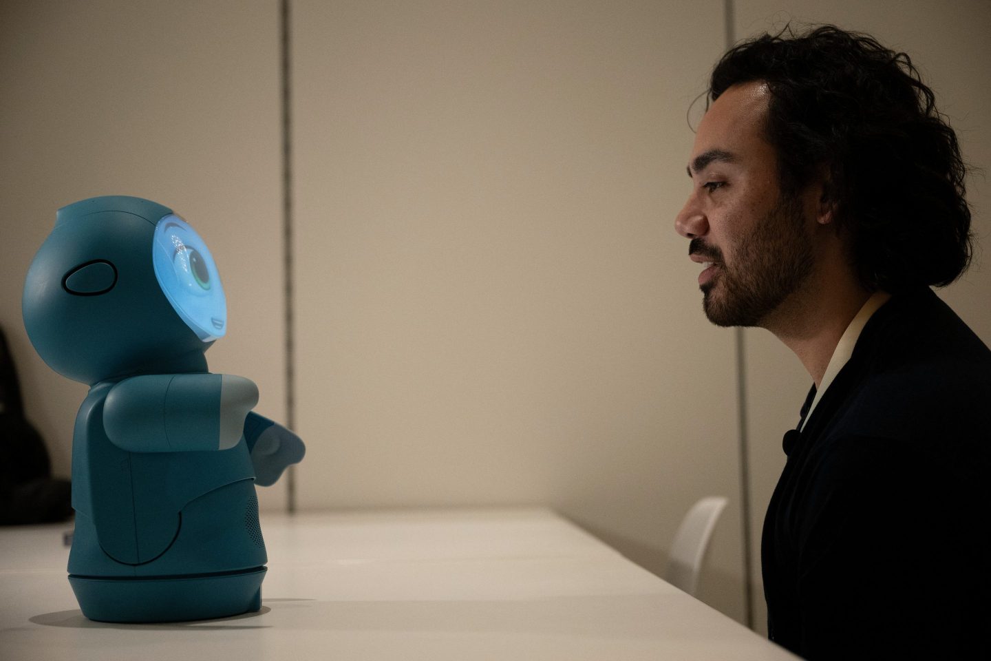 The Moxie Robot from Embodied, Inc., which will be updated with AI, during a demonstration at the Venetian Resort during the Consumer Electronics Show (CES) in Las Vegas, Nevada on January 8, 2024.